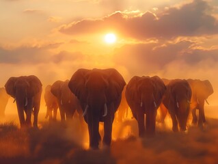 Fototapeta premium group of elepants drinking from a small watering hole, trunks extended