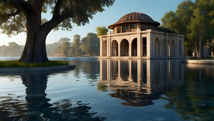 Obraz premium Tranquil lakeside building with reflections