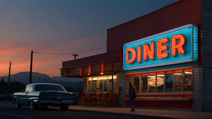 Retro diner with neon sign at dusk