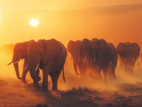 group of elepants drinking from a small watering hole, trunks extended