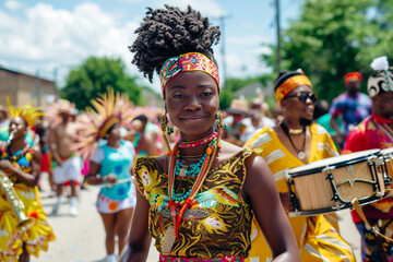 A Juneteenth parade with marching bands, colorful floats, and community members celebrating their heritage and resilience. 