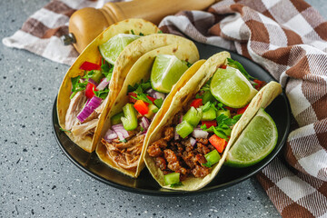 set of delicious juicy tacos on a light stone background