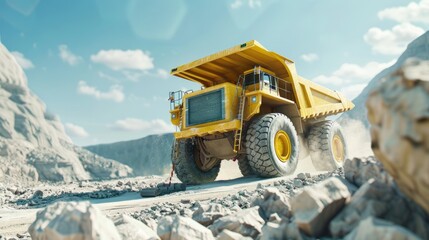 a dump truck laden with crushed bricks and concrete debris, set against the bustling backdrop of a construction site