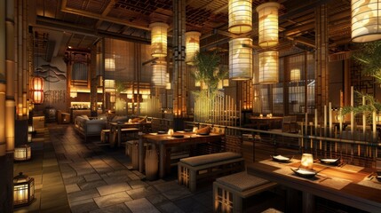 The interior of a Chinese restaurant glows with the warm light of numerous lanterns suspended from the ceiling, creating a vibrant and inviting atmosphere.
