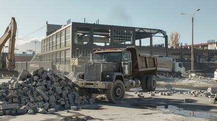 a dump truck laden with crushed bricks and concrete debris, set against the bustling backdrop of a construction site