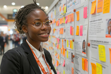 Young woman participant studying information stand with notes.