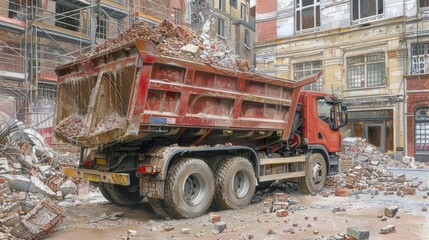 Obraz premium a dump truck laden with crushed bricks and concrete debris, set against the bustling backdrop of a construction site