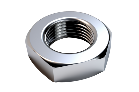 a shiny metal hex nut on a transparent background.