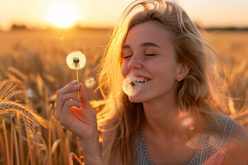 Happy young woman blowing dandelion seed