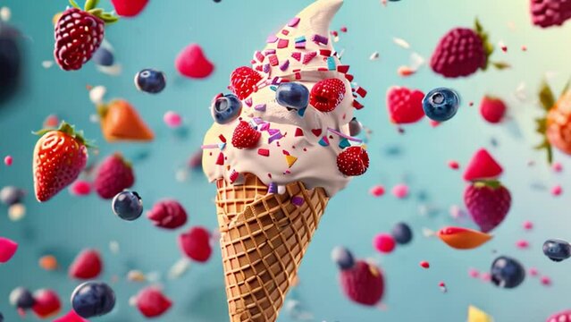 A vanilla ice cream cone with sprinkles, surrounded by berries in mid-air against a blue background.