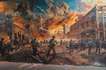 A mural depicting the historical moment of emancipation, painted with vivid detail on a city wall 