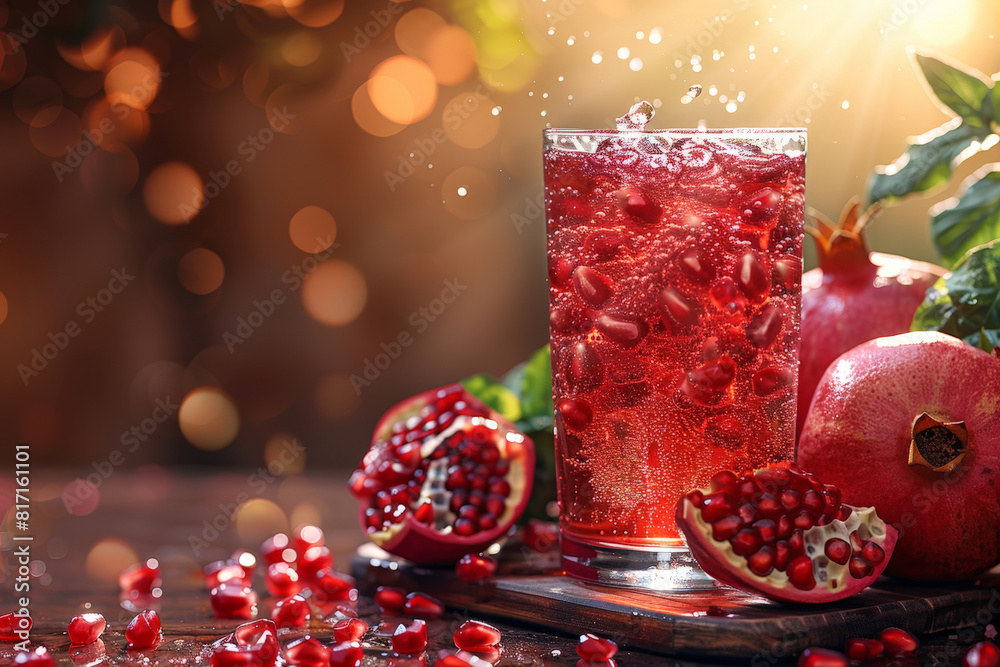 Aufkleber fresh pomegranate juice in a glass and scattered pomegranate seeds on a rustic wooden table