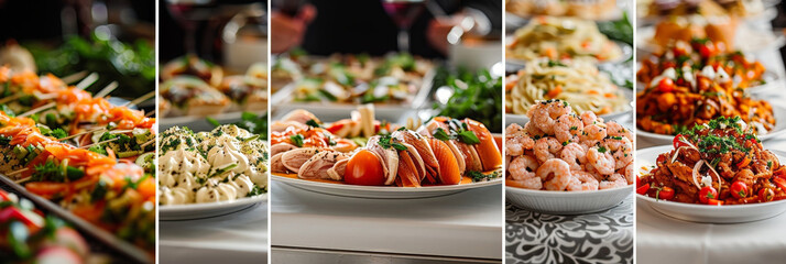 Various types of food such as fruits, vegetables, meats, and bread arranged and displayed on a table. The assortment includes colorful and appetizing dishes, creating a diverse culinary spread