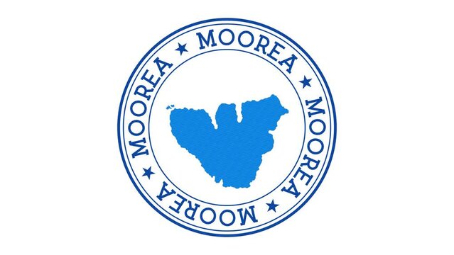 Moorea intro. Badge with the circular name and map of island. Moorea round logo animation.