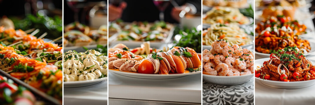 Various types of food such as fruits, vegetables, meats, and bread arranged and displayed on a table. The assortment includes colorful and appetizing dishes, creating a diverse culinary spread