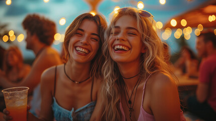 Fototapeta premium A dramatic photograph capturing friends laughing together at a rooftop party, their voices rising above the city skyline as they dance beneath a canopy of stars and twinkling light