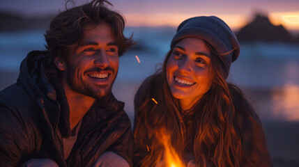 A close-up shot of friends laughing together at a beach bonfire, their faces illuminated by the flickering flames as they share stories and make memories against the backdrop of cr