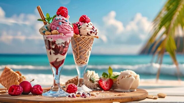 Assorted ice creams and sorbets served in cones and sundae glasses, garnished with fresh strawberries and wafers.
