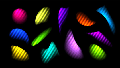 Corrugated neon shapes ribbed glass effect. Set abstract colorful liquid gradient blur splash. Vibrant abstract element prism effect black background. Vector illustration