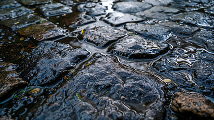  Stone path filled with water. A stone path with water flowing between the stones, creating a tranquil scene..