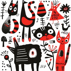 Black and red drawings for children, for babies, simple vector drawings.