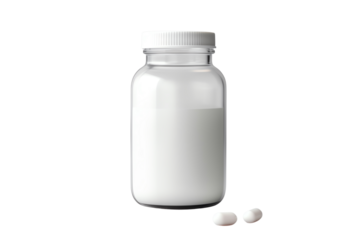 The bottle contains white pills. The pills are round and flat. The bottle is made of glass and has a white lid.