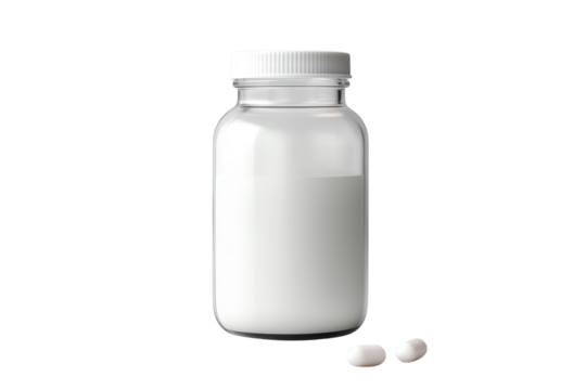 The bottle contains white pills. The pills are round and flat. The bottle is made of glass and has a white lid.