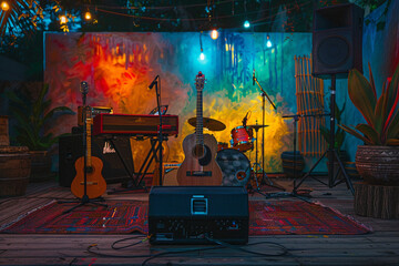A stage set up for a Juneteenth performance, a backdrop of vibrant colors and musical instruments...
