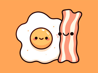 Fried egg and bacon cute kawaii food pair. Vector illustartion.
