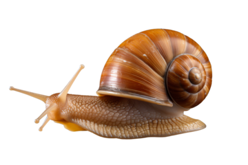 The image shows a snail with a shiny brown shell. The snail is crawling on a black background.