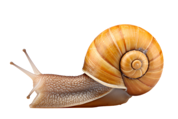 The image shows a snail isolated on a black background. The snail has a shiny, brown shell and is moving slowly.