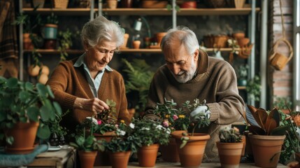 Happy Seniors Gardening Together, Planting Colorful Flowers in Home Greenhouse. Generative ai