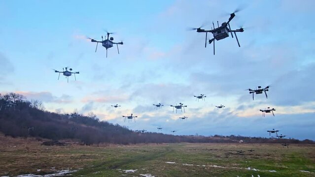 Drone Fleet in a Rural Field, A large fleet of drones parked in a rural field during winter, ready for aerial surveillance or agricultural tasks.