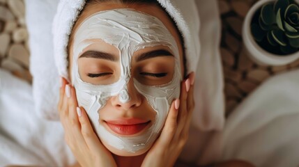 Woman with facial mask in spa setting. Close-up portrait with a succulent plant in the background