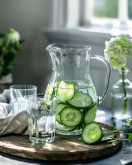 A Glass Pitcher Filled with Cucumber-Infused Water - Pristine Drinking Glasses and Cucumber Slices Garnishing the Flay Lay - Against Textured Background with Natural Light on Aged Wooden Tray