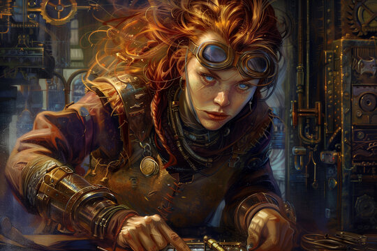 redhead female artificer working on a mechanical device, steampunk style, focused expression