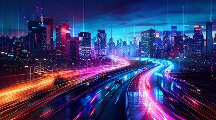 Fototapeta premium Modern skyline with light trails from electric scooters and illuminated pedestrian paths, Contemporary, Bright colors, Digital painting, Vibrant