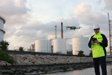 Obraz premium Senior energy Engineer piloting drone at oil tank storage. video surveillance or industrial inspection at the refinery.