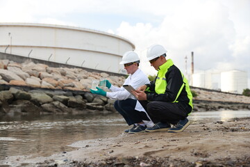 Ecologists in protective suits working near the oil refinery  and taking samples of water for...