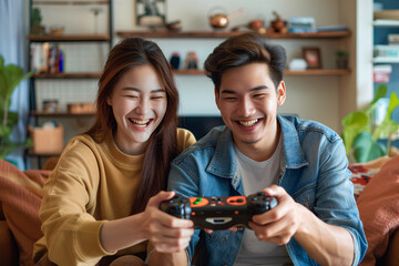 Happy couple playing video game together using console