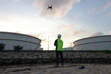 Senior energy Engineer piloting drone at oil tank storage. video surveillance or industrial...
