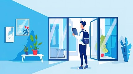 Obraz premium A young man standing in a modern office space, holding a tablet and looking at a painting on the wall.