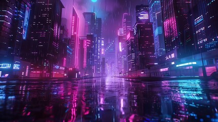 Fototapeta premium Night cityscape with glowing skyscrapers, futuristic holograms in the sky, neon signs reflecting on wet streets, Cyberpunk, Digital Art