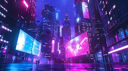 Night cityscape with towering skyscrapers and a glowing holographic billboard, Scifi, Blue and purple hues, 3D render, Hightech urban setting