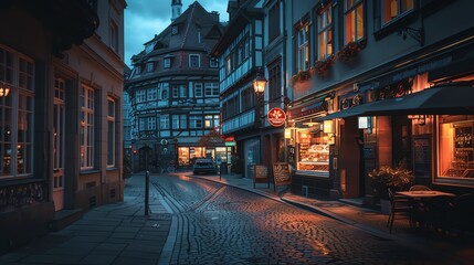 Fototapeta premium Night view of a historic city center, nostalgic and charming, vintage postcard style, muted colors