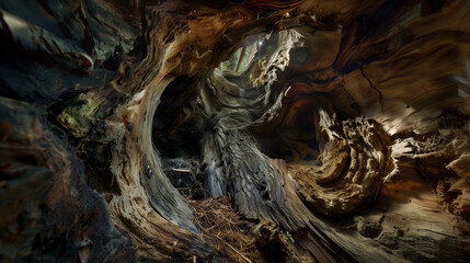 picture of the inside of a hollowed out fallen brown and grey tree in the middle of the forest - Powered by Adobe