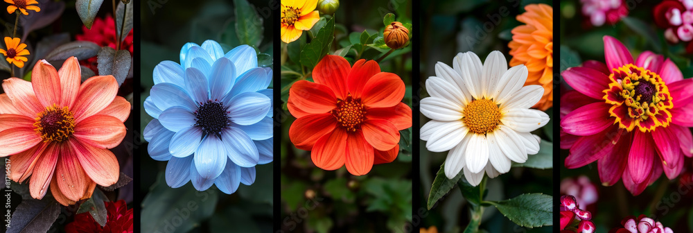 Poster A straight row of various colorful flowers lined up in a neat formation. The blooms display a range of hues, adding a cheerful and lively touch to the scene