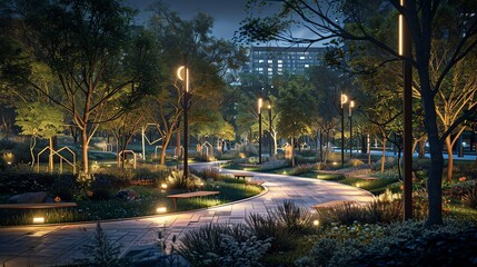 Naklejka premium Nighttime urban park with illuminated paths, modern sculptures, and a peaceful ambiance, Realism, High Detail