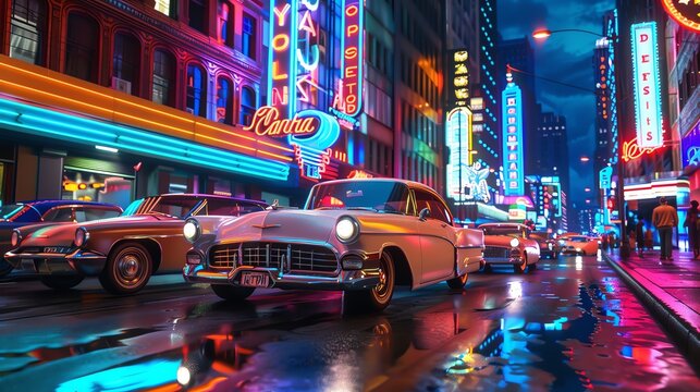 Retro cityscape with neon signs and classic cars, Night, Pop art, Bright colors, Illustration, Energetic vibe
