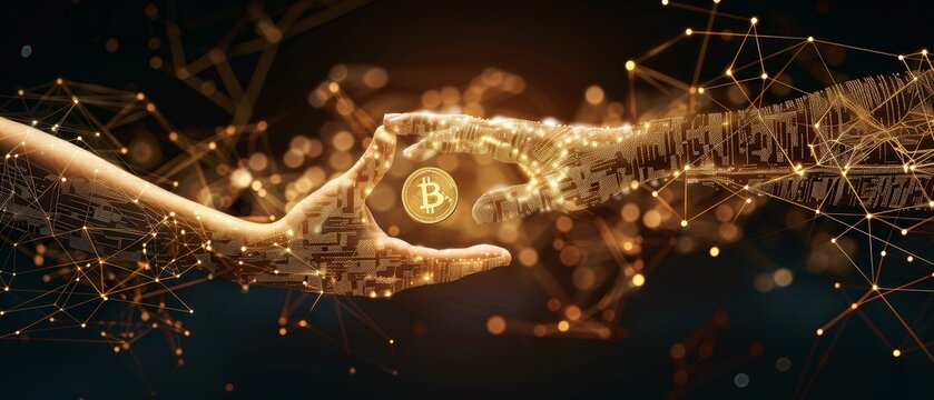 Hands exchanging cryptocurrency over a blockchain ledger focus on, financial revolution, realistic, blend mode, digital marketplace